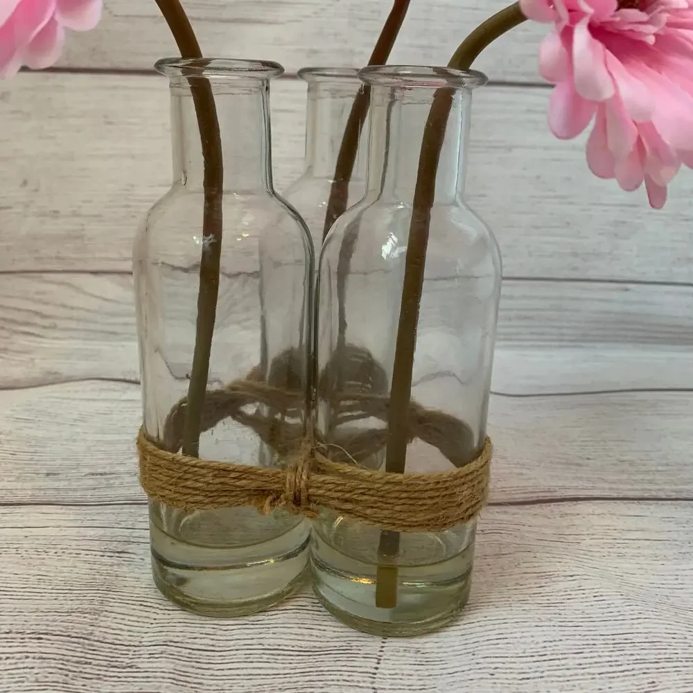 Artificial Pink Gerbera Daisies in Bottles and Twine String Faux Glued Water 9